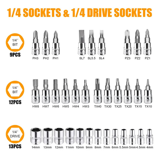46pcs/set Drive Socket Set Ratchet Wrench Set Car Tool Kit, Bit Socket Wrench Set Metric Mechanic Tool Set Car accessories