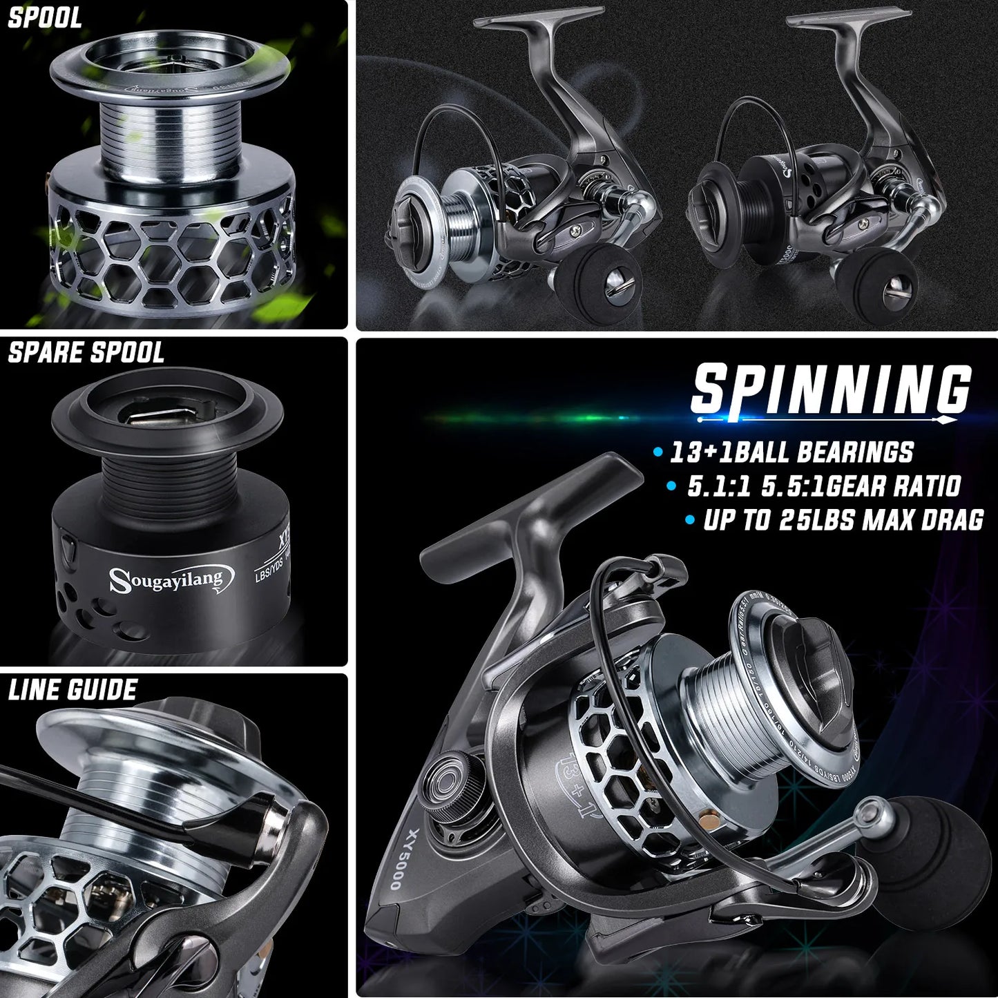 Sougayilang 1.8-2.7m Telescopic Pole and 5.1:1 High-Speed Gear Ratio Aluminim Spool Fishing Reel with Fishing Line Lure Bag Kit