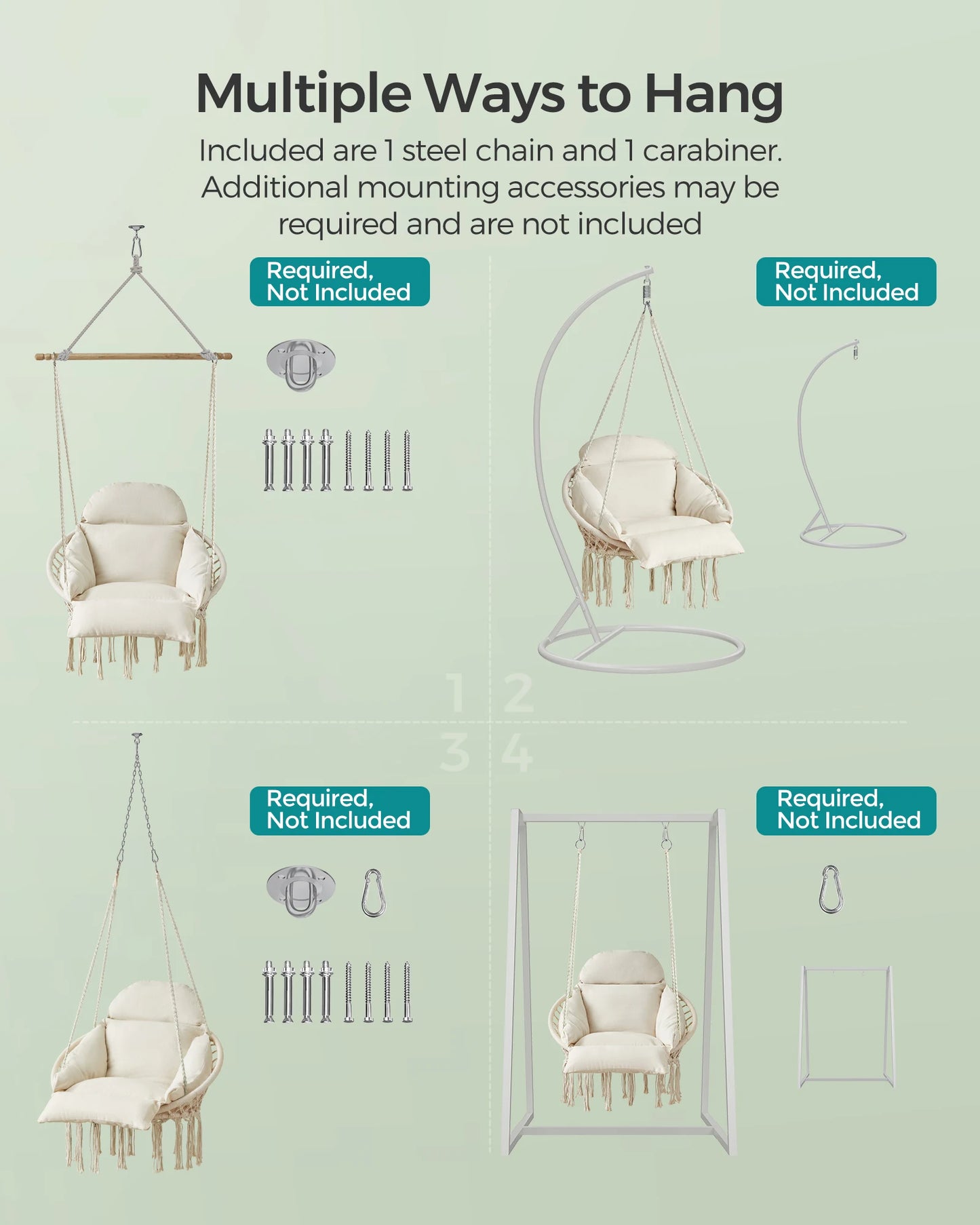 SONGMICS Hanging Chair, Hammock Chair with Large, Thick Cushion, Boho Swing Chair for Bedroom, Patio, Balcony, Garden