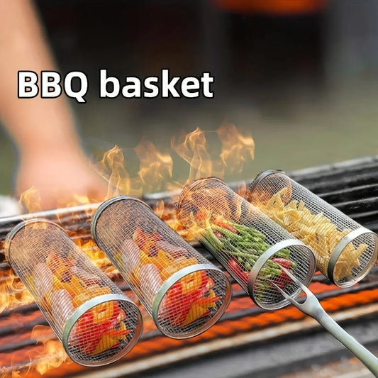 BBQ Rolling Grill Basket - Large Round Mesh Grilled Cage for Vegetable Fish Slices - Perfect for Outdoor Picnic Camping Baking