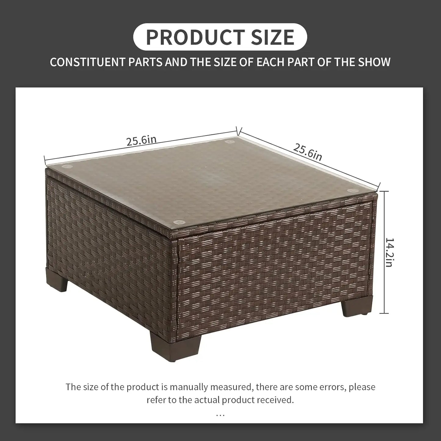 Patio Furniture Wicker Coffee Table Outdoor Garden Square Side Table with Tempered Glass Top Brown
