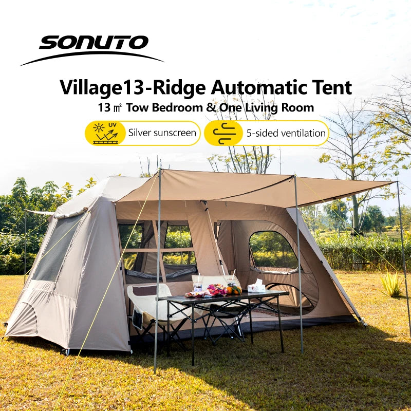 Sonuto-Fully Automatic Outdoor Camping Tent Quick Opening Two Halls Ridge Tent Integrated Canopy Overnight Camping 3-8P