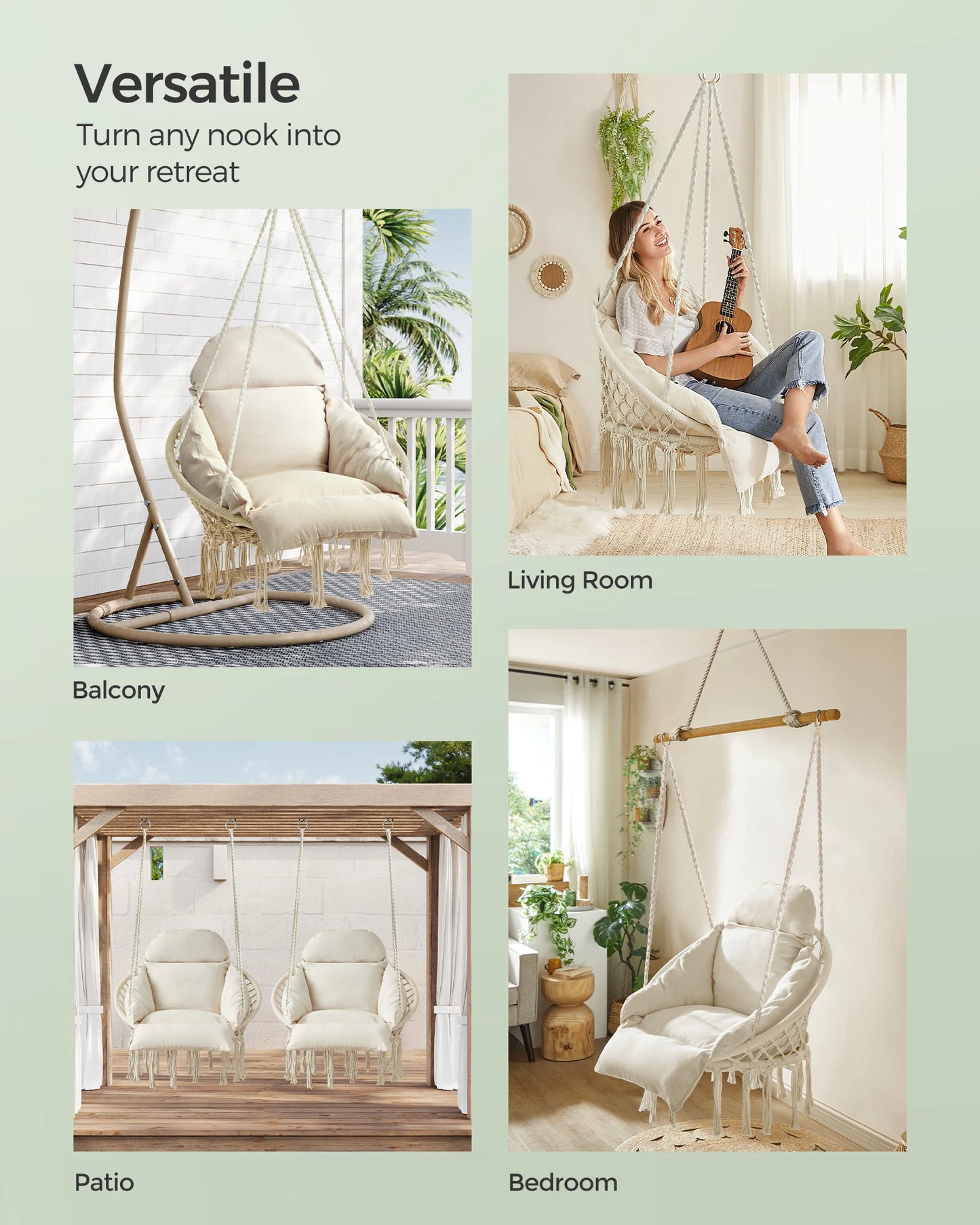 SONGMICS Hanging Chair, Hammock Chair with Large, Thick Cushion, Boho Swing Chair for Bedroom, Patio, Balcony, Garden