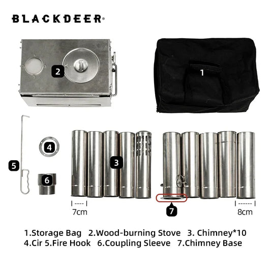 BLACKDEER Camping Outdoor 304 Stainless Steel Tent Wood Stove with Pipe Travel Folding Portable Wood Stove for Cooking