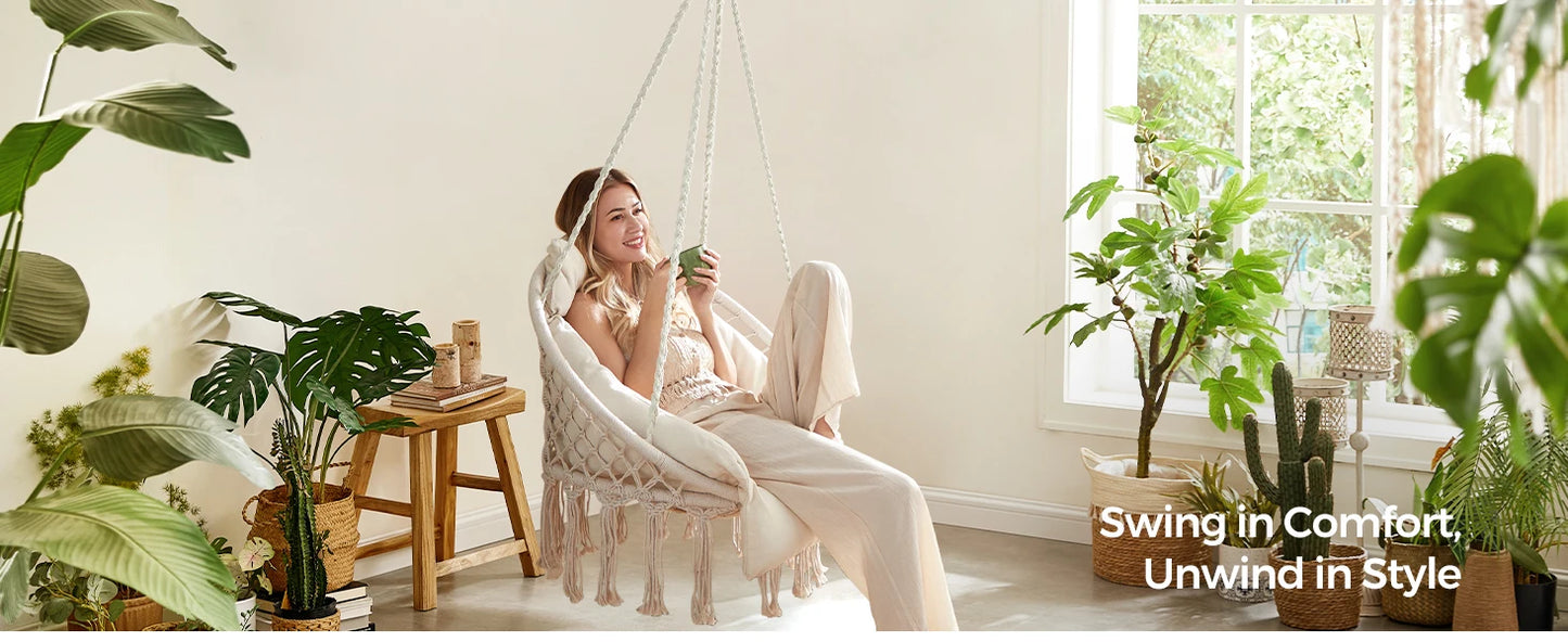 SONGMICS Hanging Chair, Hammock Chair with Large, Thick Cushion, Boho Swing Chair for Bedroom, Patio, Balcony, Garden