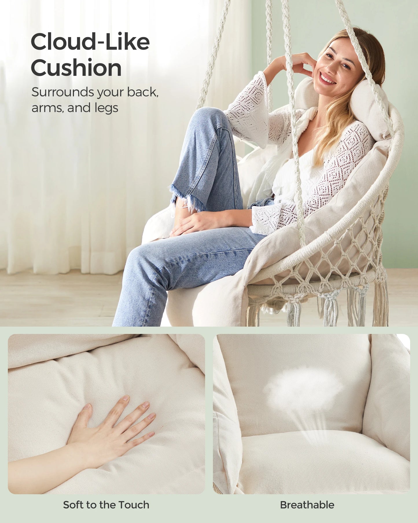 SONGMICS Hanging Chair, Hammock Chair with Large, Thick Cushion, Boho Swing Chair for Bedroom, Patio, Balcony, Garden