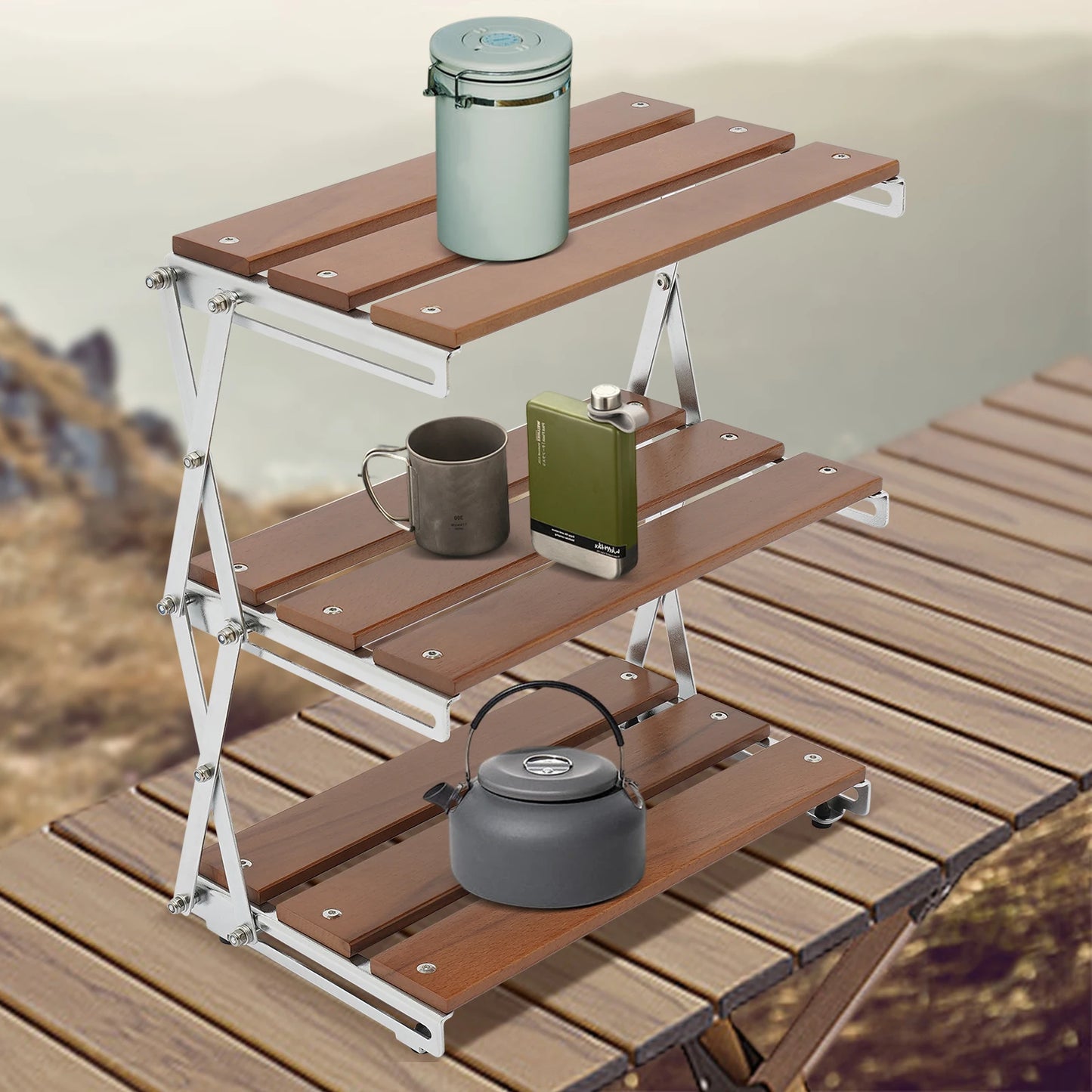 3-Tier Camping Rack Camping Folding Storage Rack Organizer with Carry Bag Retro Rectangular Camping Dish Rack Shelf Table