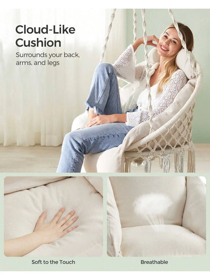 SONGMICS Hanging Chair, Hammock Chair with Large, Thick Cushion, Boho Swing Chair for Bedroom, Patio, Balcony, Garden