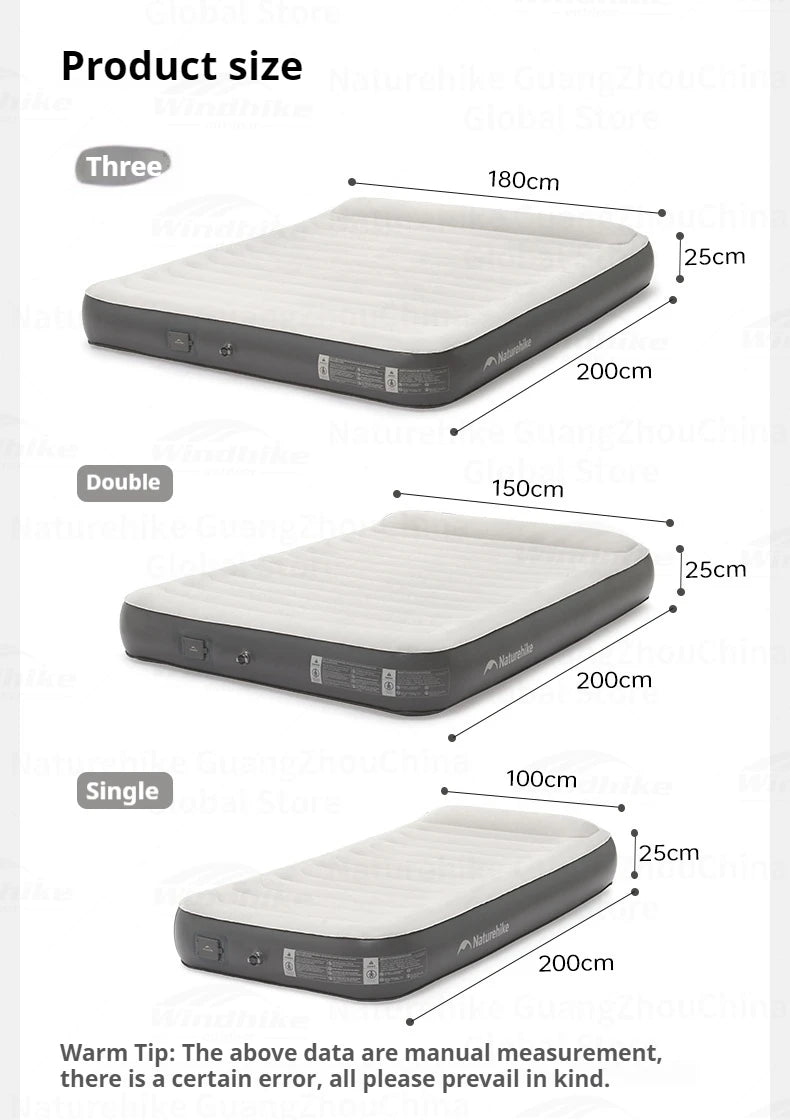 Naturehike Air Mattress Built-in Pump with Pillow Inflatable Thicken Bed Camping Outdoor Luxury 1-3 Person PVC Sleeping Pad 25CM