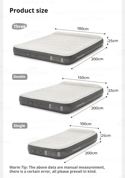 Naturehike Air Mattress Built-in Pump with Pillow Inflatable Thicken Bed Camping Outdoor Luxury 1-3 Person PVC Sleeping Pad 25CM