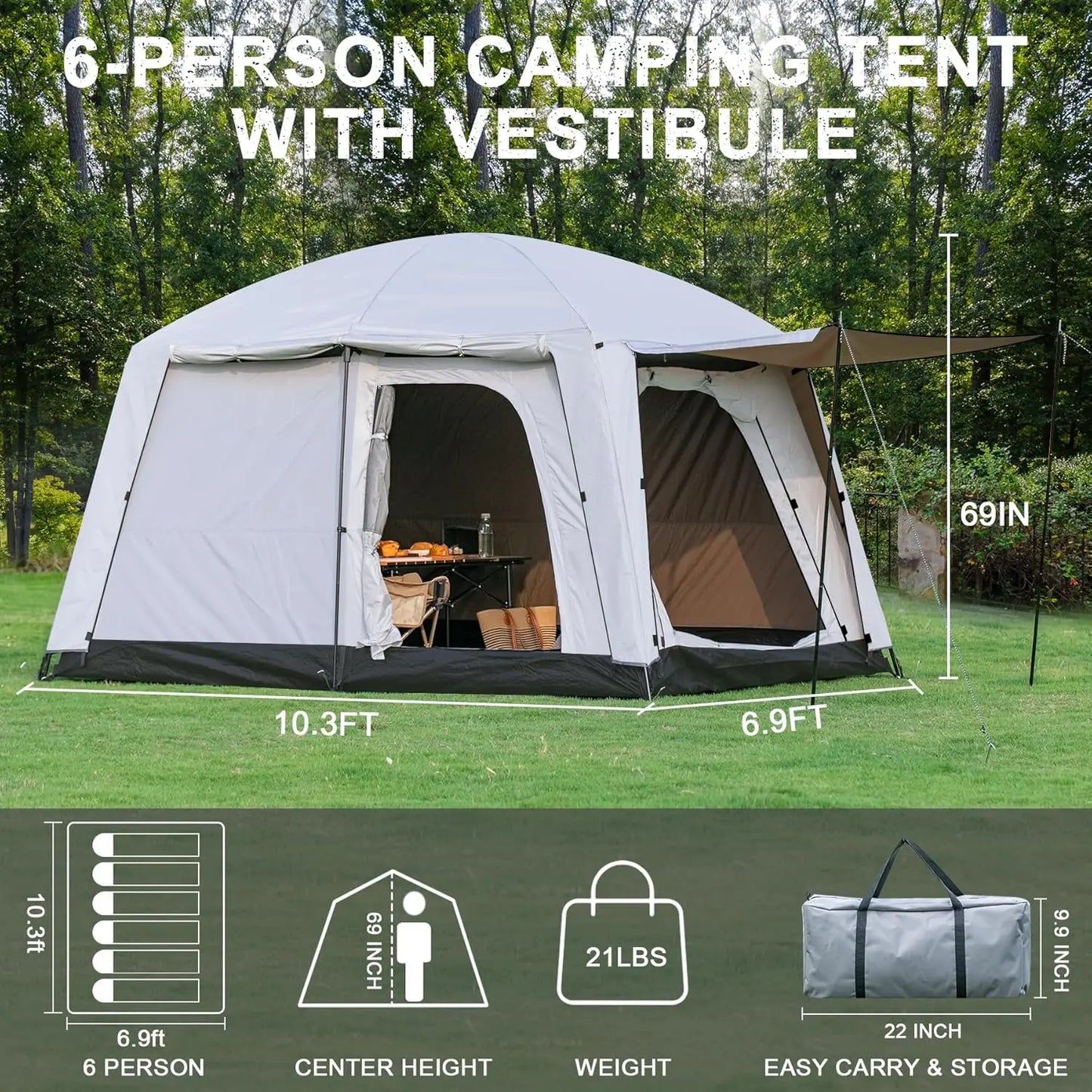4-6 Person Camping Tent Large Family Cabin Tents with Porch & Rainfly Double Layer Waterproof  Portable Big Tents for Outdoor