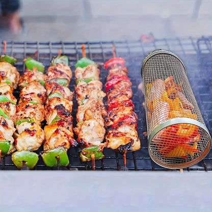 BBQ Rolling Grill Basket - Large Round Mesh Grilled Cage for Vegetable Fish Slices - Perfect for Outdoor Picnic Camping Baking