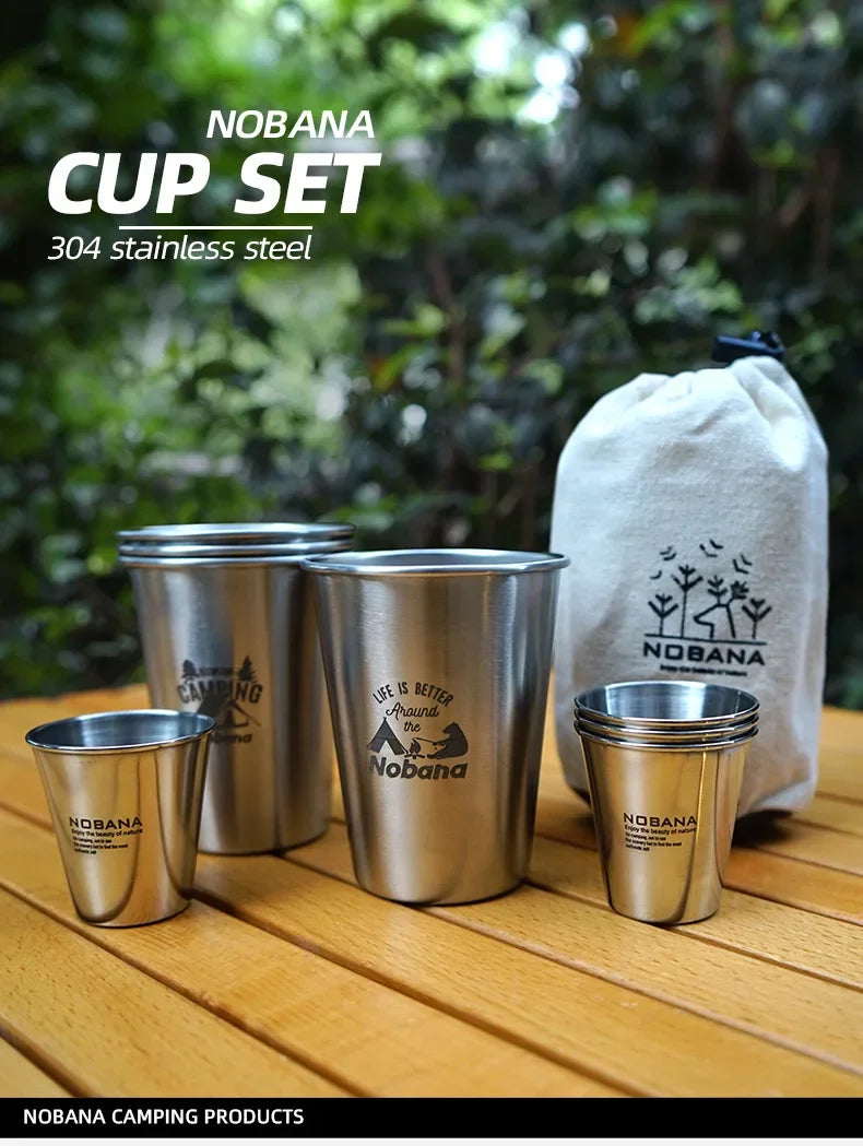 Outdoor 304 Stainless Steel Cup Set Camping Cup 4/6/8PCS Camping Portable Water Cup Travel Coffee Cup Picnic Barbecue Beer Cup