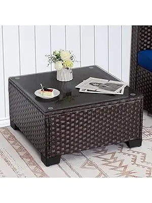 Patio Furniture Wicker Coffee Table Outdoor Garden Square Side Table with Tempered Glass Top Brown
