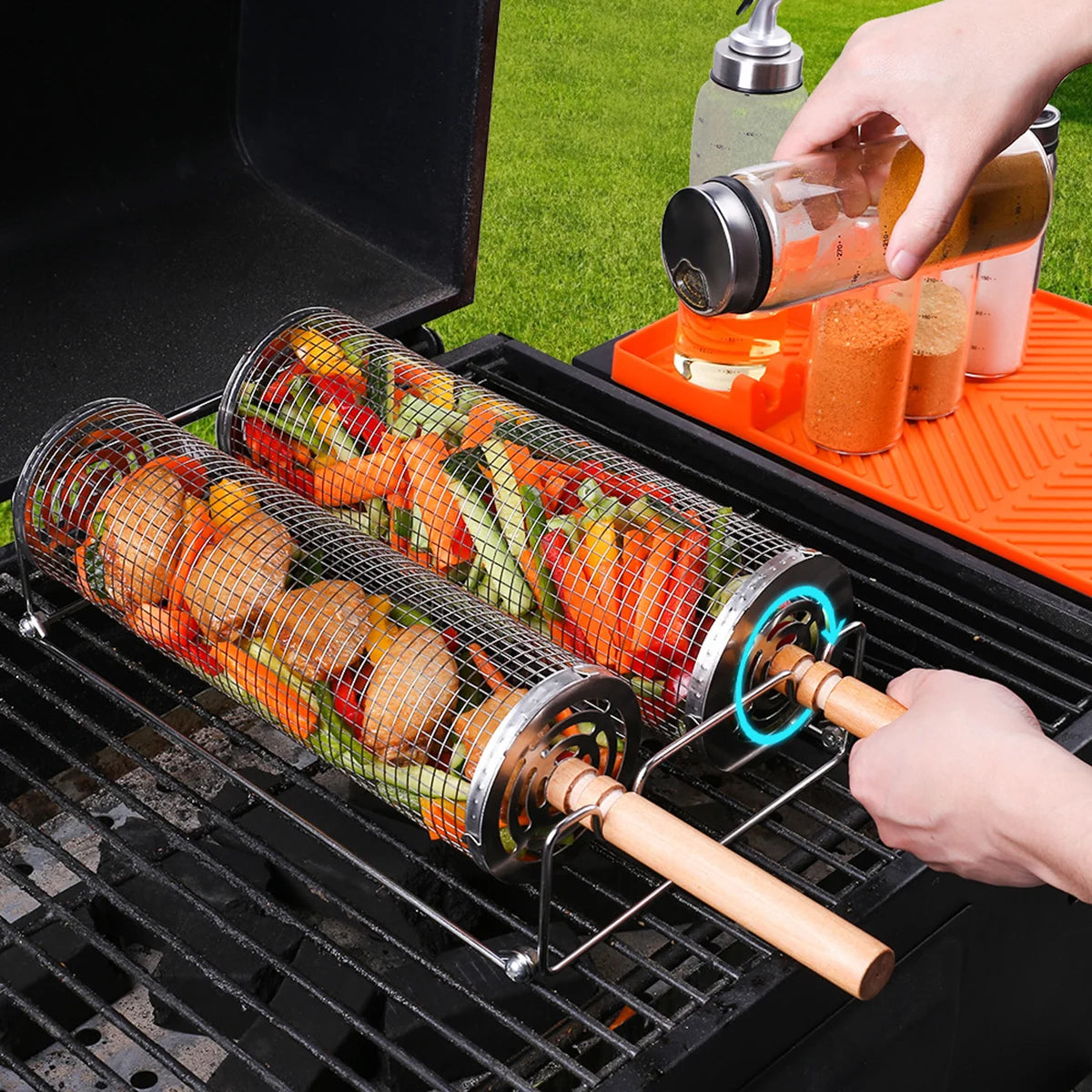 BBQ Rolling Grill Basket - Large Round Mesh Grilled Cage for Vegetable Fish Slices - Perfect for Outdoor Picnic Camping Baking