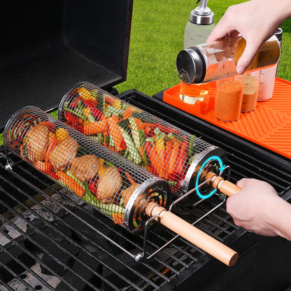 BBQ Rolling Grill Basket - Large Round Mesh Grilled Cage for Vegetable Fish Slices - Perfect for Outdoor Picnic Camping Baking
