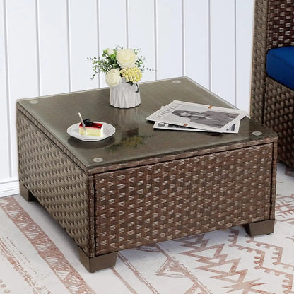 Patio Furniture Wicker Coffee Table Outdoor Garden Square Side Table with Tempered Glass Top Brown