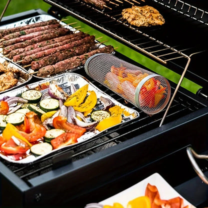 BBQ Rolling Grill Basket - Large Round Mesh Grilled Cage for Vegetable Fish Slices - Perfect for Outdoor Picnic Camping Baking
