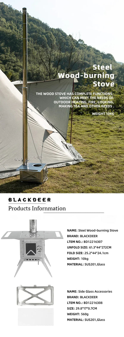 BLACKDEER Camping Outdoor 304 Stainless Steel Tent Wood Stove with Pipe Travel Folding Portable Wood Stove for Cooking