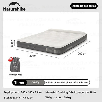 Naturehike Air Mattress Built-in Pump with Pillow Inflatable Thicken Bed Camping Outdoor Luxury 1-3 Person PVC Sleeping Pad 25CM