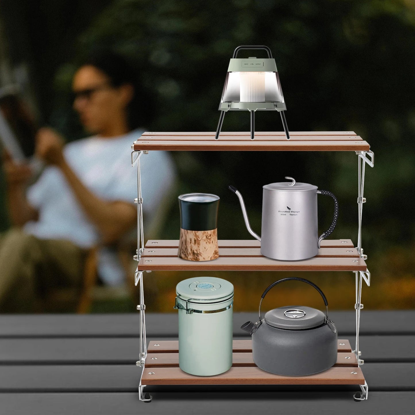3-Tier Camping Rack Camping Folding Storage Rack Organizer with Carry Bag Retro Rectangular Camping Dish Rack Shelf Table