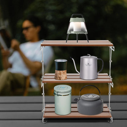 3-Tier Camping Rack Camping Folding Storage Rack Organizer with Carry Bag Retro Rectangular Camping Dish Rack Shelf Table