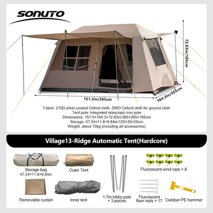 Sonuto-Fully Automatic Outdoor Camping Tent Quick Opening Two Halls Ridge Tent Integrated Canopy Overnight Camping 3-8P