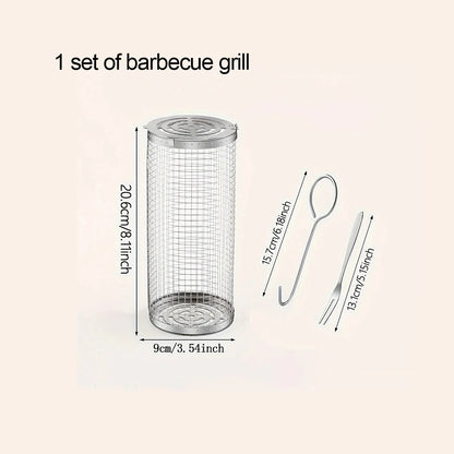 BBQ Rolling Grill Basket - Large Round Mesh Grilled Cage for Vegetable Fish Slices - Perfect for Outdoor Picnic Camping Baking