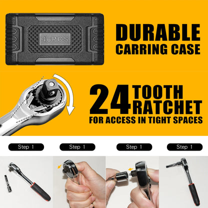 46pcs/set Drive Socket Set Ratchet Wrench Set Car Tool Kit, Bit Socket Wrench Set Metric Mechanic Tool Set Car accessories