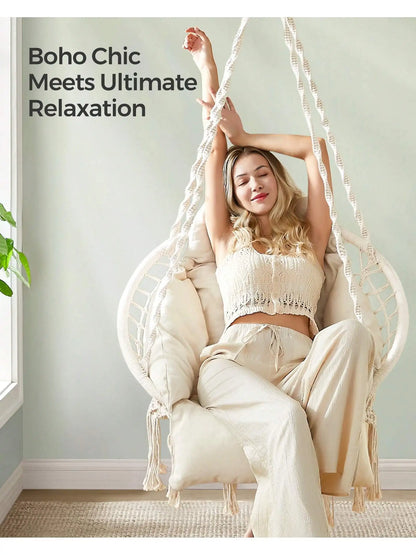 SONGMICS Hanging Chair, Hammock Chair with Large, Thick Cushion, Boho Swing Chair for Bedroom, Patio, Balcony, Garden