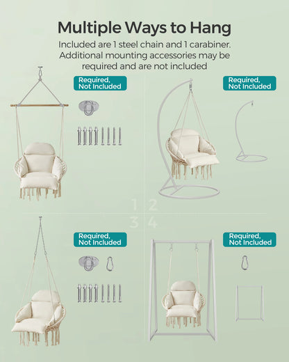 SONGMICS Hanging Chair, Hammock Chair with Large, Thick Cushion, Boho Swing Chair for Bedroom, Patio, Balcony, Garden