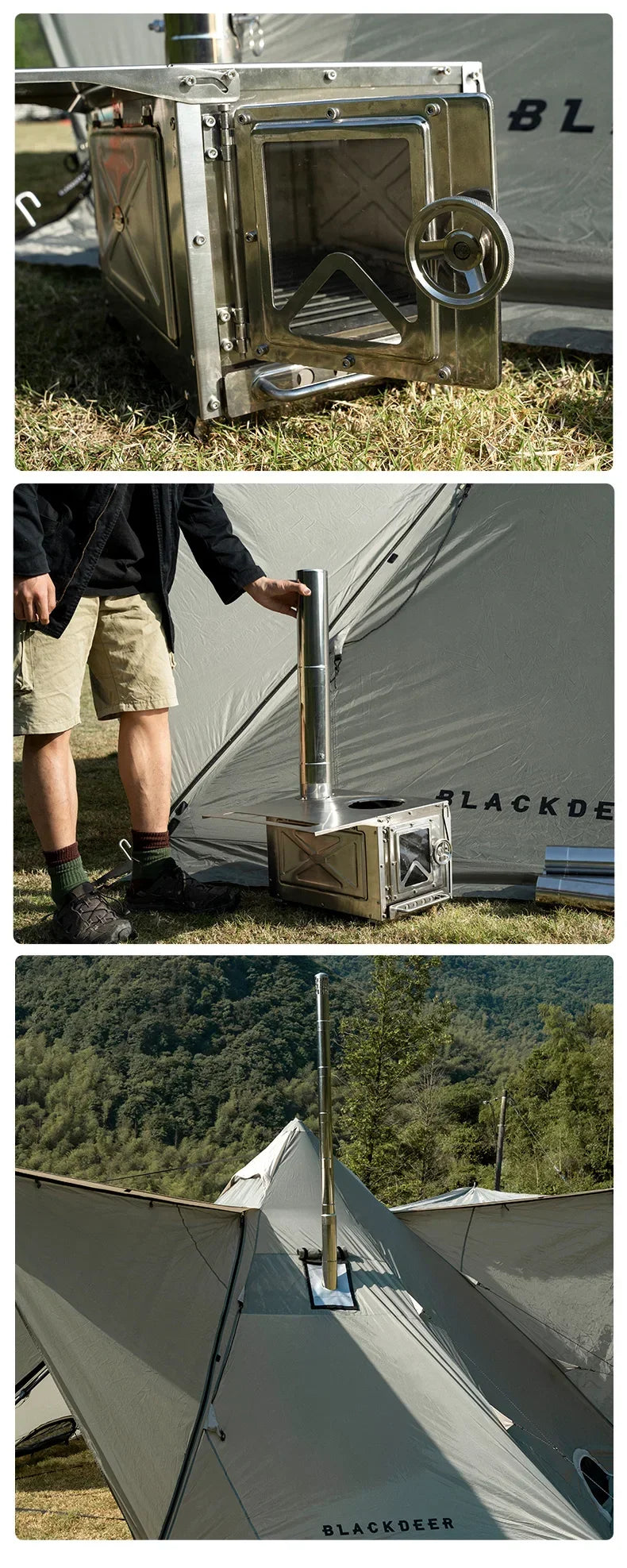 BLACKDEER Camping Outdoor 304 Stainless Steel Tent Wood Stove with Pipe Travel Folding Portable Wood Stove for Cooking
