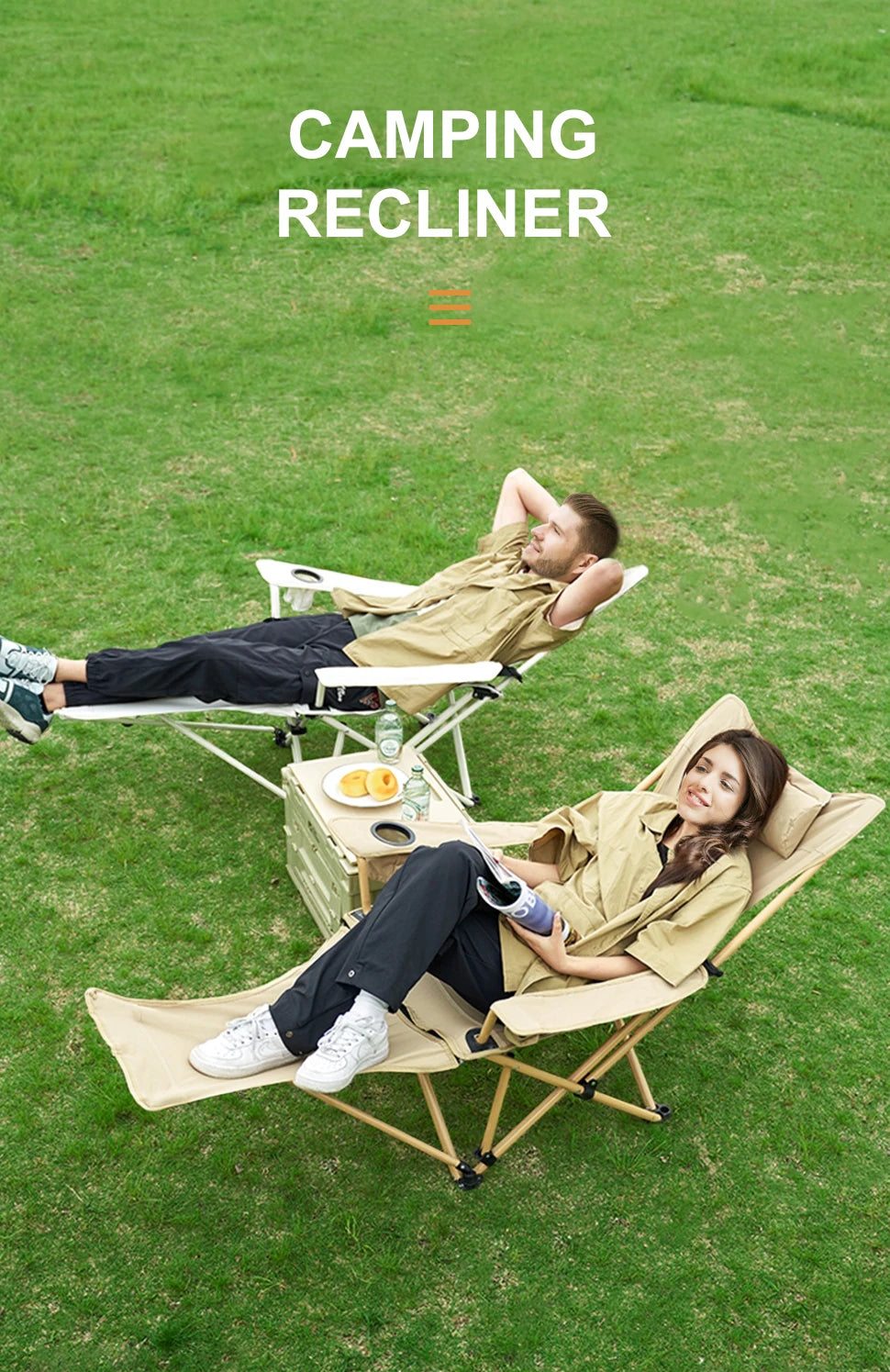 BRS 2-in-1 Reclining Camping Chair Lightweight Folding Camping Lounge Chair with Adjustable Backrest & Footrest for Beach