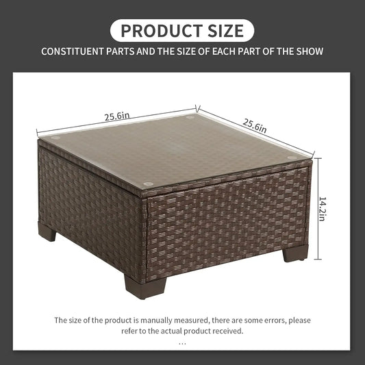 Patio Furniture Wicker Coffee Table Outdoor Garden Square Side Table with Tempered Glass Top Brown