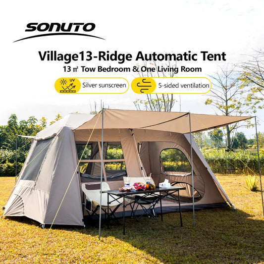 Sonuto-Fully Automatic Outdoor Camping Tent Quick Opening Two Halls Ridge Tent Integrated Canopy Overnight Camping 3-8P