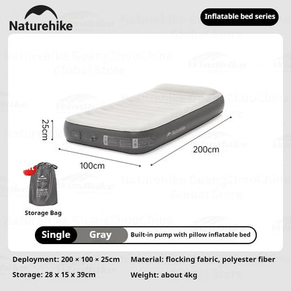 Naturehike Air Mattress Built-in Pump with Pillow Inflatable Thicken Bed Camping Outdoor Luxury 1-3 Person PVC Sleeping Pad 25CM
