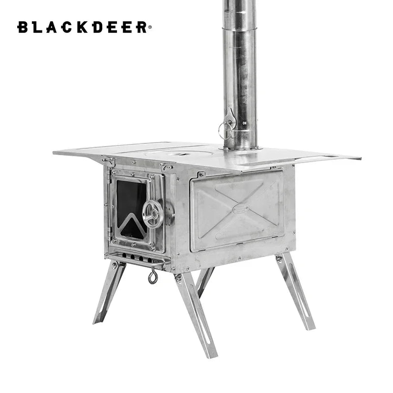 BLACKDEER Camping Outdoor 304 Stainless Steel Tent Wood Stove with Pipe Travel Folding Portable Wood Stove for Cooking