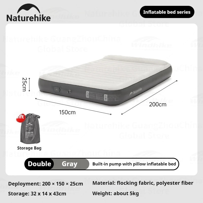 Naturehike Air Mattress Built-in Pump with Pillow Inflatable Thicken Bed Camping Outdoor Luxury 1-3 Person PVC Sleeping Pad 25CM