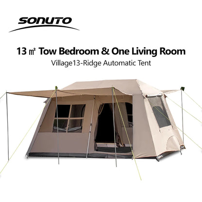 Sonuto-Fully Automatic Outdoor Camping Tent Quick Opening Two Halls Ridge Tent Integrated Canopy Overnight Camping 3-8P