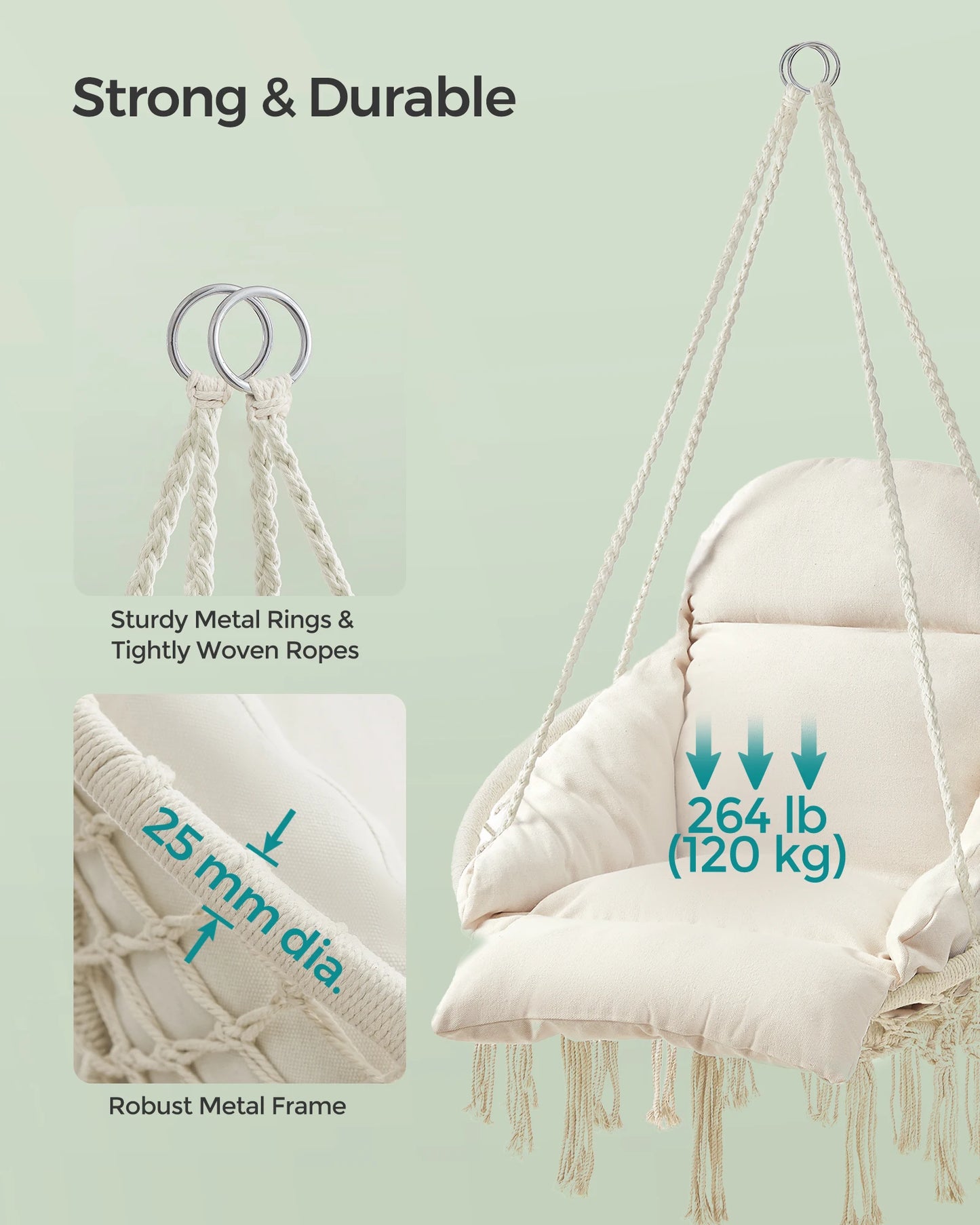 SONGMICS Hanging Chair, Hammock Chair with Large, Thick Cushion, Boho Swing Chair for Bedroom, Patio, Balcony, Garden