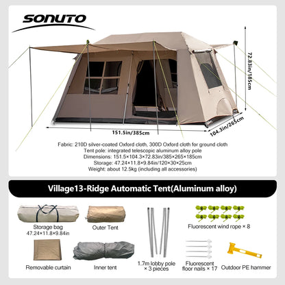Sonuto-Fully Automatic Outdoor Camping Tent Quick Opening Two Halls Ridge Tent Integrated Canopy Overnight Camping 3-8P
