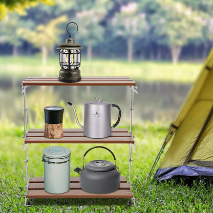 3-Tier Camping Rack Camping Folding Storage Rack Organizer with Carry Bag Retro Rectangular Camping Dish Rack Shelf Table