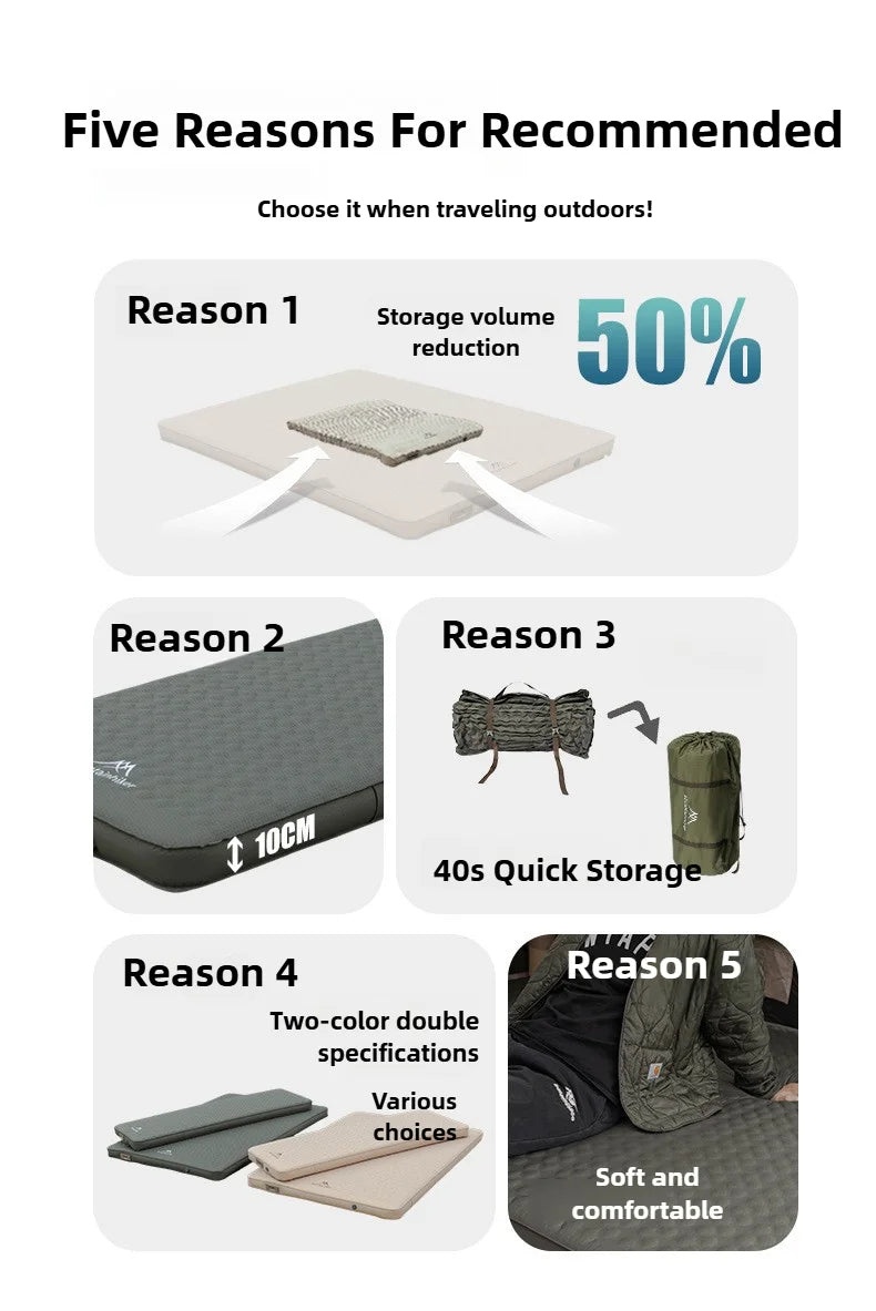 MOUNTAINHIKER 10cm Compact Folding Camping Sleeping Bed Pad Single Double Person Self-inflating Mattress Thick Air Mat Floor