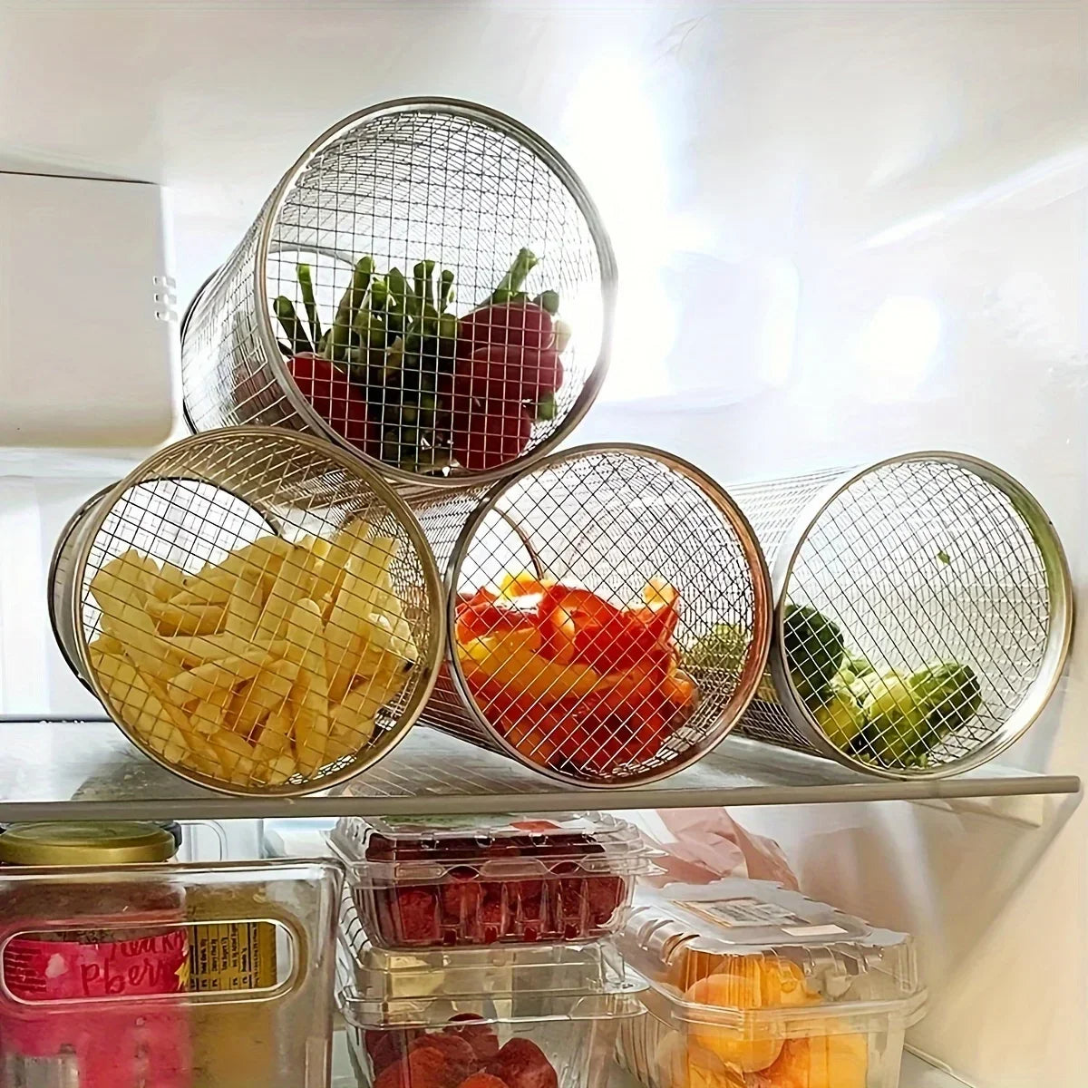 BBQ Rolling Grill Basket - Large Round Mesh Grilled Cage for Vegetable Fish Slices - Perfect for Outdoor Picnic Camping Baking
